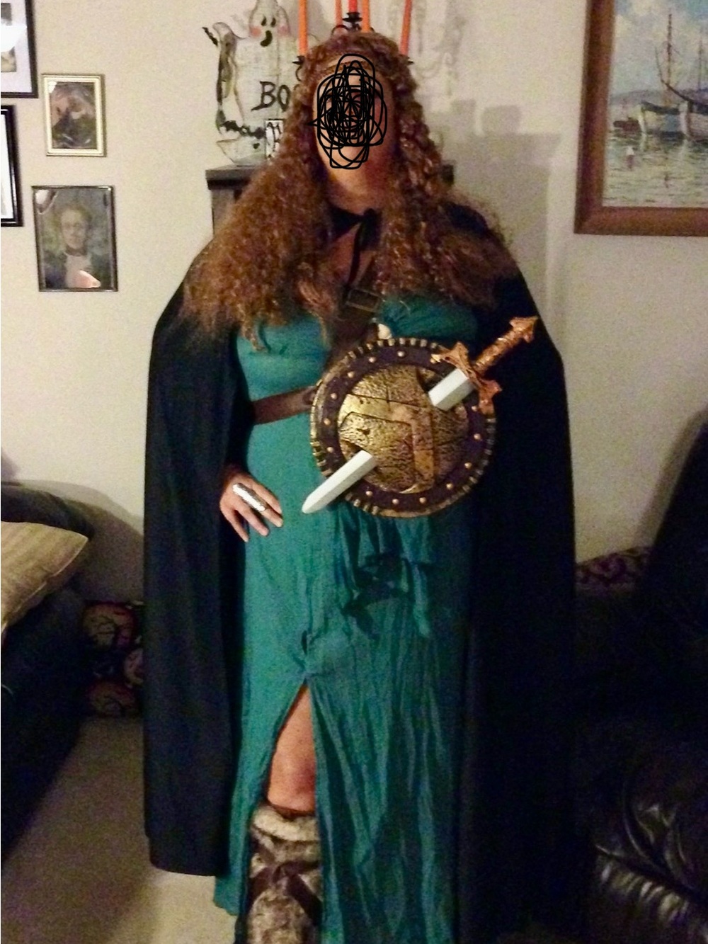 Viking princess warrior Costume Set with Teal Dress and Black Cape